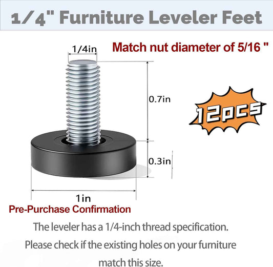 QWORK Adjustable Furniture Leg Levelers 12 Pack, Sleek Black Threaded Feet for Bedroom Dressers and Nightstands, Modern Home Upgrade