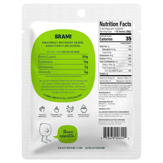 BRAMI Chili & Lime Lupini Beans – Heat-Stable Travel Snack for Hiking and Flights, 0g Net Carbs Vegan