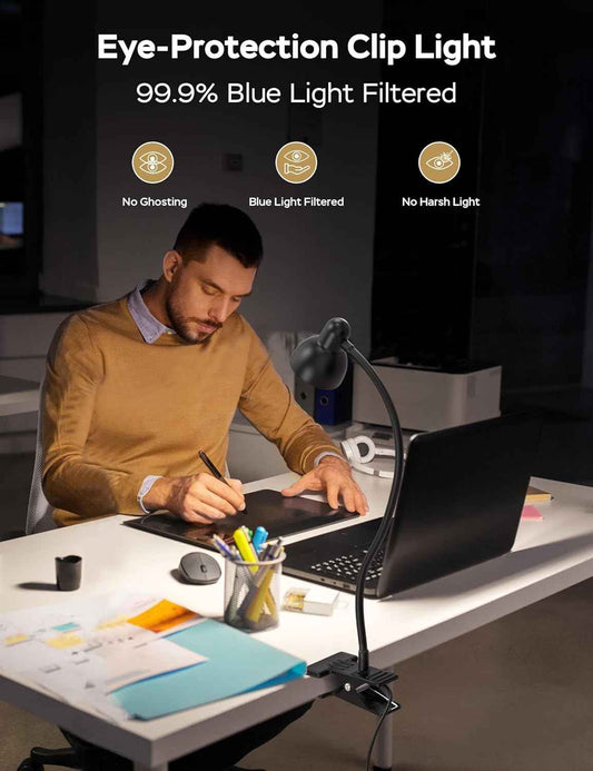 Glocusent Clip-on Desk Light - Focused Home Office Task Lamp, Flicker-Free 3 Color Modes for Late Night Work