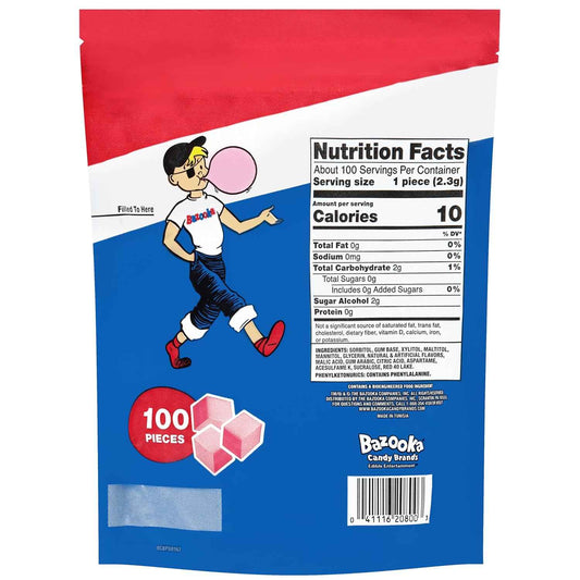 Bazooka Bubble Gum Sugar-Free Chewing Gum – Safe Little League Dugout Snack for Baseball Team Parents, 100-Ct Resealable Pouch