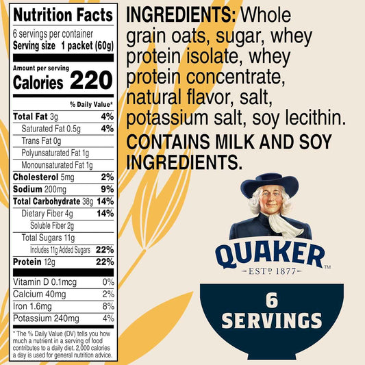 Quaker Protein Instant Oatmeal Maple Brown Sugar – Family-Friendly Wholesome Breakfast That Satisfies Kids Until Lunch, 6 Packets