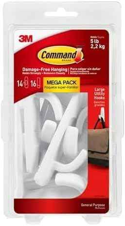 Command 5 lb Large Utility Hooks, 14 Hooks and 16 Strips, Damage-Free Hanging Wall Hook with Adhesive Strips, No Tools Required, Great for Home Kitchen Office Organization