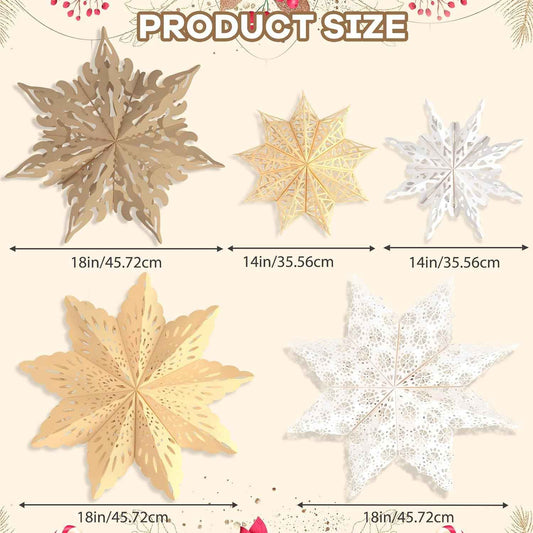 14 & 18 Inch Paper Star Lanterns with LED – Beige and White Snowflake Hangings for Christmas Tree, Fireplace and Holiday Dining Table