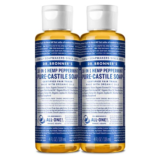 Dr. Bronner's - Pure-Castile Liquid Soap, Made with Organic Oils, 18-in-1 Uses: Face, Body, Hair, Laundry, Pets and Dishes, Concentrated, Vegan, Non-GMO (Peppermint, 4 ounce, 2-Pack)