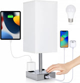 Soilsiu Bedside Table Lamp for Bedroom - Touch Small Lamp with USB C+A Charging Ports & AC Outlets, 3 Way Dimmable Nightstand Light for Living Room (LED Bulb Included, Grey)