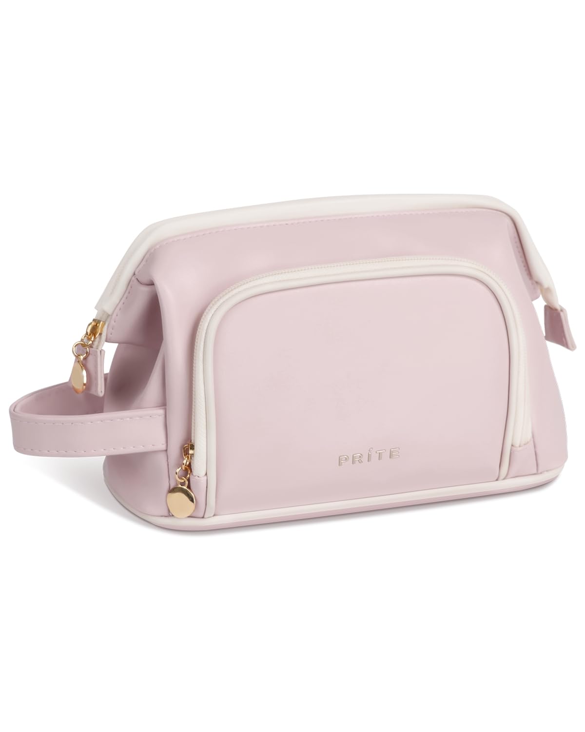 Prite Travel Makeup Bag, PU Leather Waterproof Cosmetic Organizer, Large Wide-open portable Toiletry Bag with Handle(Pink)