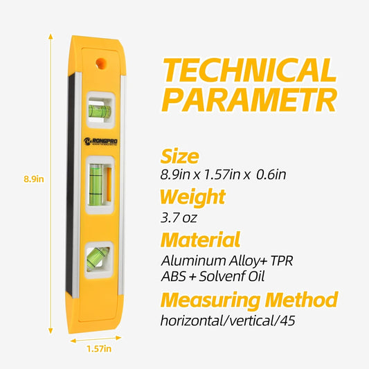 9_Inch_Torpedo_Level,_Magnetic_Box_Level_with_45°/90°/180°_Bubbles,_Shock_Resistant_Bubble_Level_Tool_for_Measuring