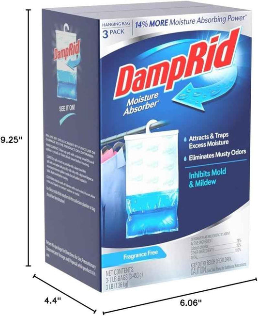 DampRid Hanging Moisture Absorber, 16 oz., 3 Pack - Eliminates Musty Odors for Fresher Air, Ideal Moisture Absorbers for Closet, 14% More Moisture Absorbing Power*