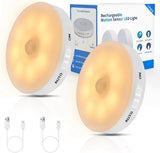 Improved LED Rechargeable Motion Sensor Light Indoor, Bright & Long-Lasting Battery, Stick-On Motion Sensor Puck Night Lights for Closet, Cabinet, Kitchen, Hallway, Stairs - Cool 2/4Pack
