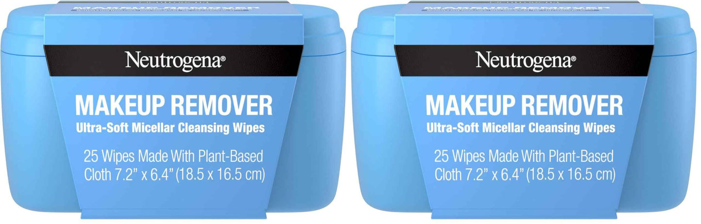 Neutrogena Makeup Remover Wipes, Daily Ultra-Soft Micellar Cleansing Wipes Gently Re-move Oil & Makeup with No Heavy Residue, formulated without alcohol & Made with Plant-Based Cloth, 25 Ct with Case