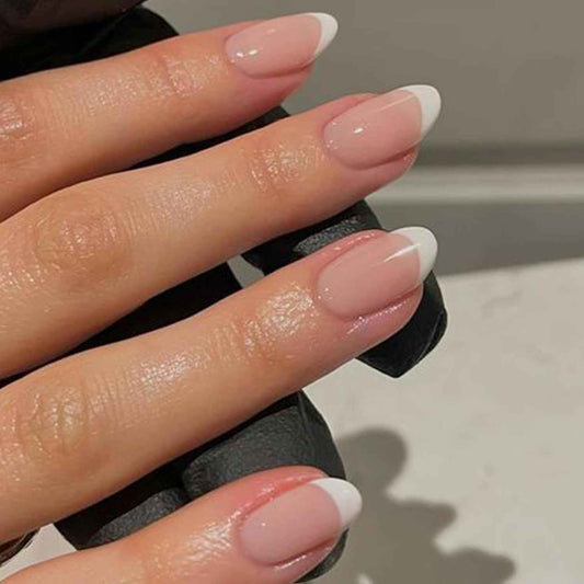 modelones French Tip Press On Nails, Short Oval Fake Nails Press Ons with Nail Glue, Adhesive Tabs, Nail File, Prep Pad, Manicure Stick, 32Pcs 16 Sizes, Nude, Spring Women Girl Gift