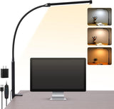 LED Desk Lamp with Clamp, Eye-Caring Clip on Lights for Home Office, 3 Modes 10 Brightness, Long Flexible Goose-Neck, Metal, Swing Arm Architect Task Table Lamps with USB Adapter, Black/White and Silver