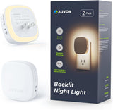 AUVON Plug-in LED Backlit Night Light with Motion Sensor & Dusk to Dawn Sensor, Dimmable Warm White/Amber Nightlight with 1-50 lm Adjustable Brightness for Bathroom, Bedroom, Hallway, Stairs (2 Pack)