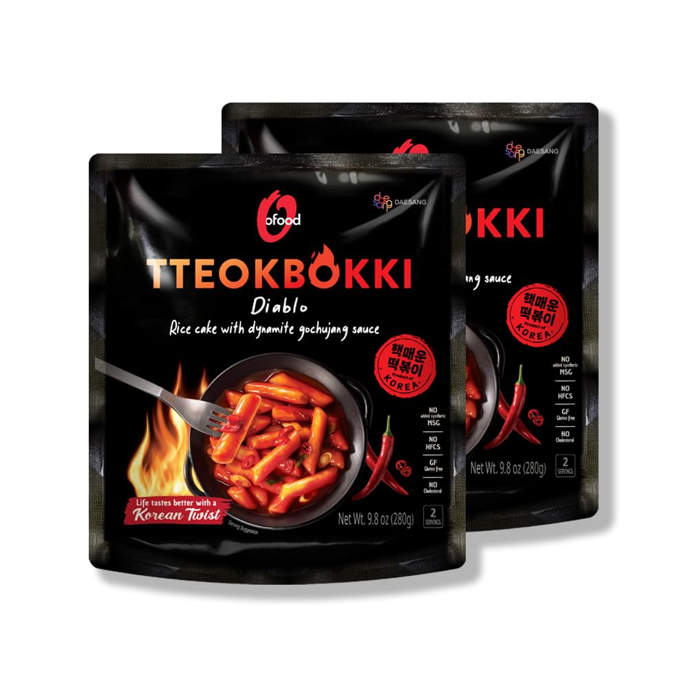 C O'Food O'Food Diablo Tteokbokki, Authentic Gluten-free Korean Rice Cakes, Spicy Korean Street Food Snack, Perfect with Cheese and Ramen Noodles, Ready to Eat, No MSG, No Corn Syrup, Pack of 2