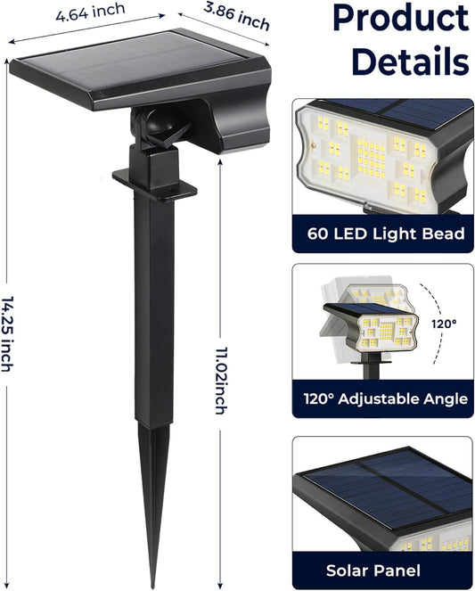 HGGH_Solar_Lights_Outdoor_Waterproof_IP67,_60_LED_3_Lighting_Modes_Solar_Spot_Lights_Outdoor_for_Yard_Garden_Pathway_Landscape,_Auto_On/Off,_Function_2_in_1(Warm_White,_4_Pack)