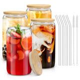 4PCS Glass Cups with Bamboo Lids and Straws, 16OZ Ice Coffee Cup, Drinking Cup set with Wooden Lids, Home Essential Glass Tumblers for Beer, Cocktail, Tea and Latte Clear