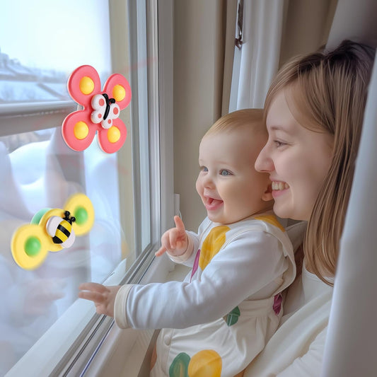 ALASOU 3PCS Suction Cup Spinner Toys for 1 2 Year Old Boy Girl Birthday Gift|Spinning Top Baby Bath Toy for Kids Ages 1-3|Sensory Airplane Travel Toy Easter Basket Stuffers for Toddlers Infant