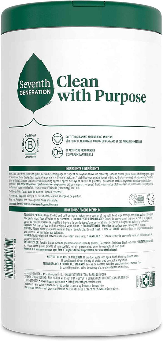 Seventh Generation Multi-Surface Wipes, Plant-Based Cleaning Wipes, No Harsh Fumes or Residue, Safe Around Kids