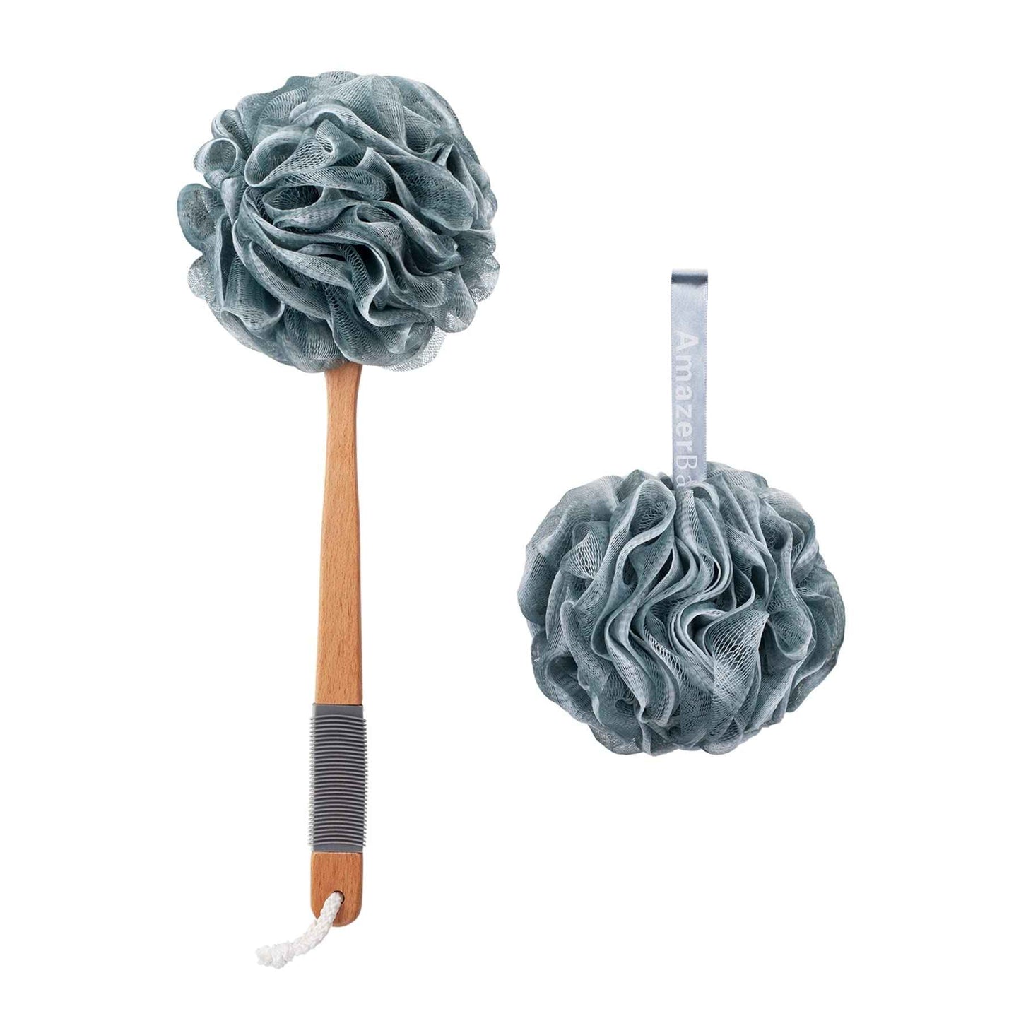 AmazerBath Shower Sponge Loofah Back Scrubber, PE Soft Mesh Loofah Body Scrubber with Long Wooden Handle, Bath Sponge for Men Women