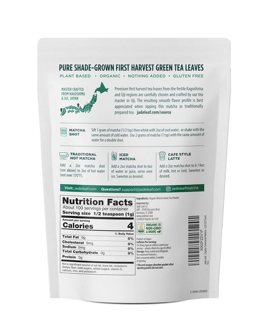 Jade_Leaf_Matcha_Organic_Ceremonial_Grade_Matcha_Green_Tea_Powder_-_100%_Pure_Japanese_First_Harvest_Green_Tea_for_Ceremonies,_Usucha,_Lattes_100g_/_3.53_Ounce_Pouch_(Pack_of_1)