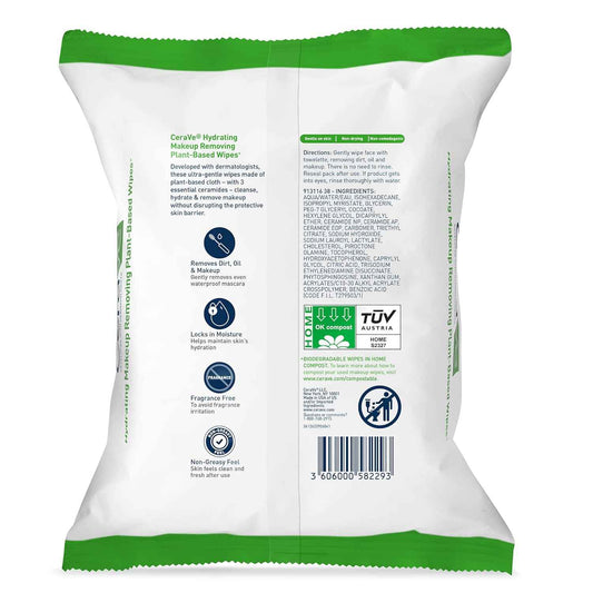 CeraVe Makeup Remover Wipes, Plant Based Face Wipes, Biodegradable in Compost, Waterless Face Wash, Travel Essentials for Women, Suitable for Sensitive Skin, Fragrance-free + Non-comedogenic, 25ct