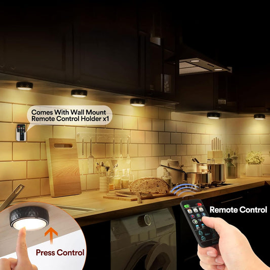 LED_Puck_Lights_with_Remote_Control,_Battery_Operated_Wireless_Closet_Light,_Under_Cabinet_Lighting_Stick_on_Tap_Push_Lights,_Color_Changing_Under_Counter_Light_for_Kitchen,_2_Pack/6_Pack_-_Black/White