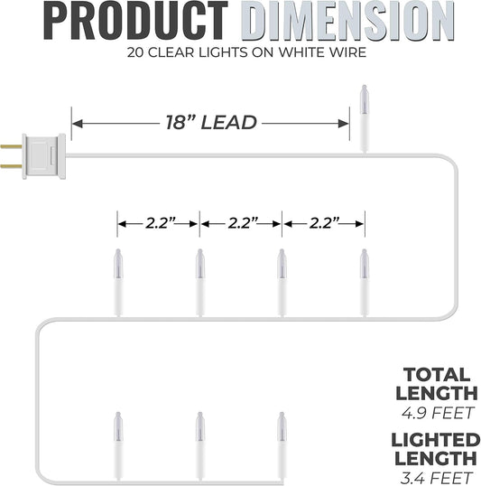 612_Vermont_Clear_20_Count_Christmas_String_Lights_on_White_Wire_Cord,_UL_Approved_for_Indoor_Use_Only,_Total_Length_4.9_Foot,_Lighted_Length_3.4_Foot