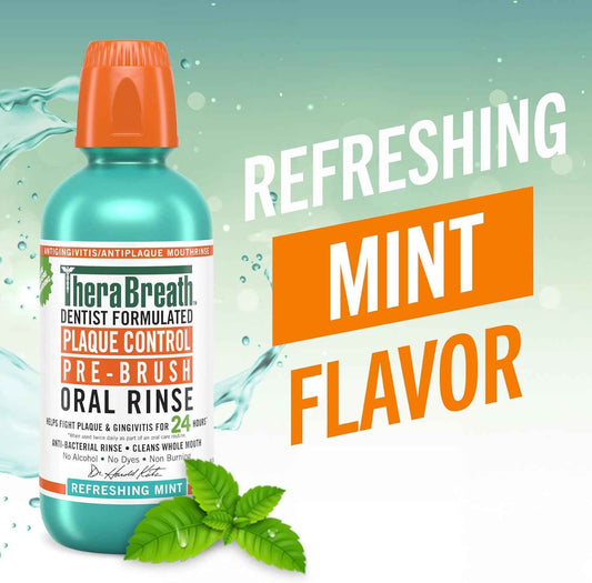 TheraBreath Plaque Control Pre-Brush Oral Rinse, Refreshing Mint Flavor, Antigingivitis and Antiplaque Rinse, Dentist Formulated, Alcohol Free, 16 Fl Oz