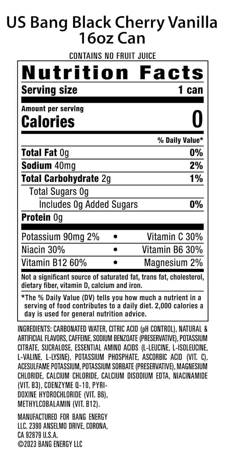 Bang Energy Black Cherry Vanilla, Sugar-Free Energy Drink, 16-Ounce | Pack of 12