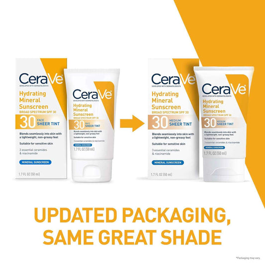 CeraVe Hydrating Mineral Sunscreen SPF 30 with Sheer Tint, Tinted Mineral Sunscreen with Zinc Oxide & Titanium Dioxide, Blends Seamlessly For Healthy Glow