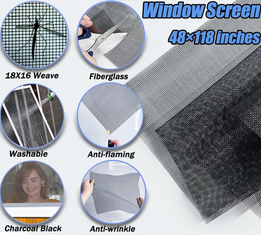 King&Charles_Window_Screen_Door_Repair/Replacement_Kit,_Include_Black_Screen_Mesh_48"x118"+_2_Roller+50Ft_Spline+8Clips+Hook,_6_in_1_Window_Mesh_Kit,_Steel/Nylon_Bearing_Roller