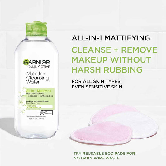 Garnier Micellar Water for Oily Skin, Facial Cleanser & Makeup Remover, Mattifying, For All Skin Types, Vegan, Cruelty Free