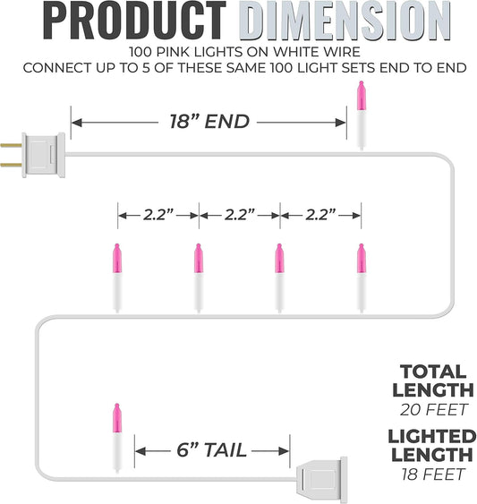 612_Vermont_100_Pink_Christmas_Lights_on_a_White_Wire_String,_UL_Approved,_Indoor/Outdoor_Use,_18’_of_Lighted_Length,_20’_of_Total_Length