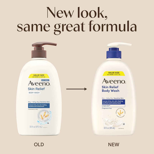 Aveeno Skin Relief Fragrance-Free Body Wash with Triple Oat® Complex, Gentle Daily Cleanser for Sensitive Skin Leaves Itchy, Dry Skin Feeling Soothed & Moisturized, 33 fl. oz
