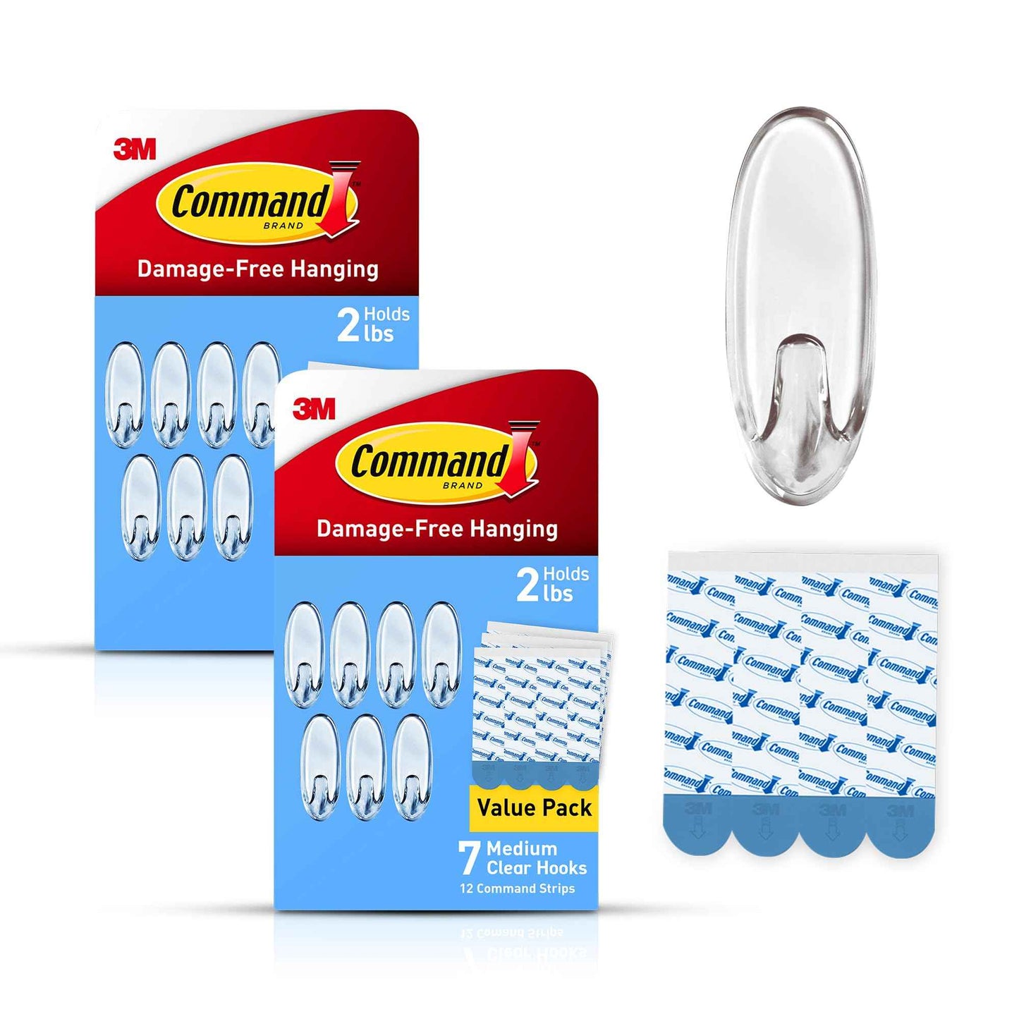 Command Medium Clear Wall Hook, 7 Wall Hook and 12 Strips, Damage-Free Hanging with Adhesive, Great for Hanging Home Decor, Holds up to 2 lb