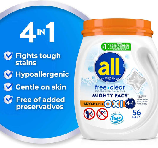 all Laundry Detergent Pacs, Mighty Pacs with OXI Stain Removers and Whiteners, Free Clear, Unscented and Dye Free