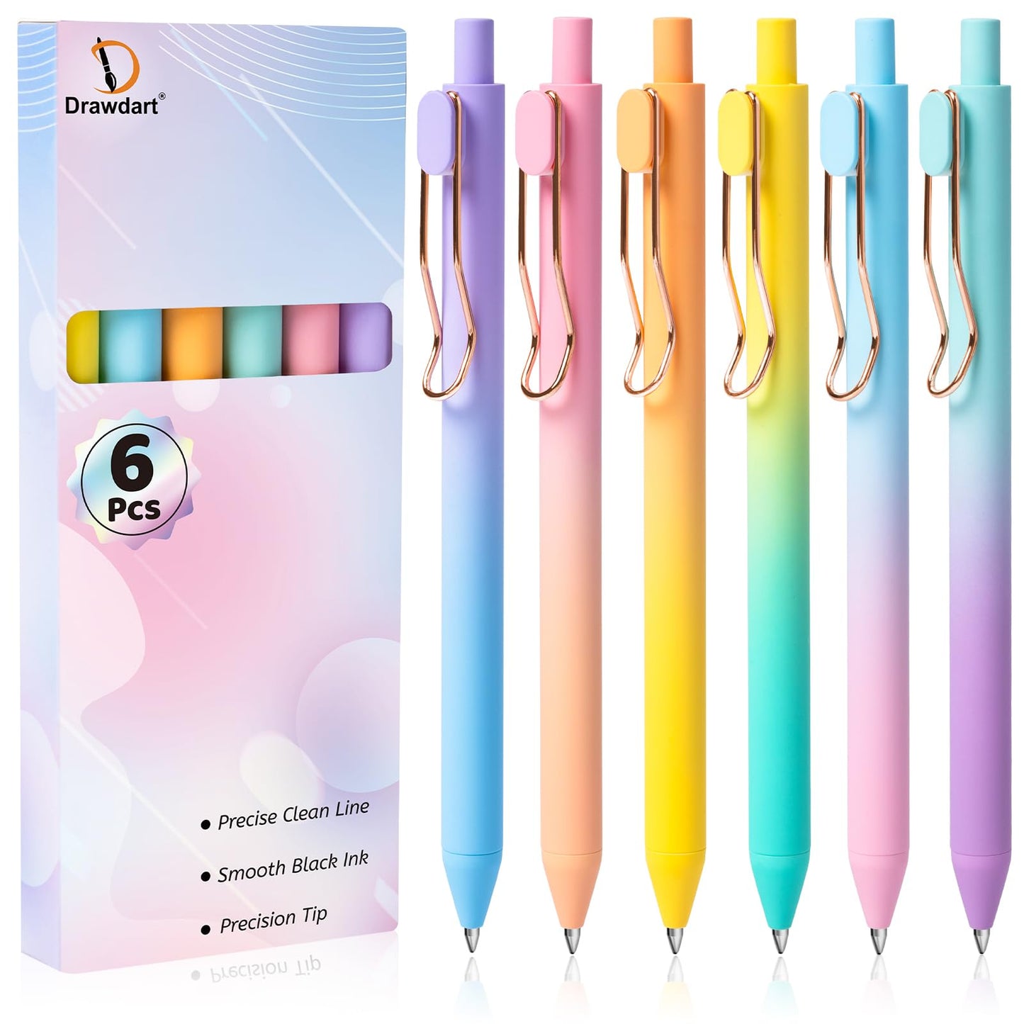 Drawdart Gel Pens, 6 Pcs Smooth Writing No Bleed & Smear, Black Ink Cute Fine Point (0.5mm), Retractable Aesthetic Journaling School Office Supplies for Women & Men