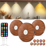 Puck lights with remote, 2000mAh rechargeable cabinet light, Under Cabinet Lighting Wireless, Display Cabinet, Dimmable Magnetic Stick-On Shelf , push lights battery operated,(Wood Color/Black, 3 Pcs)