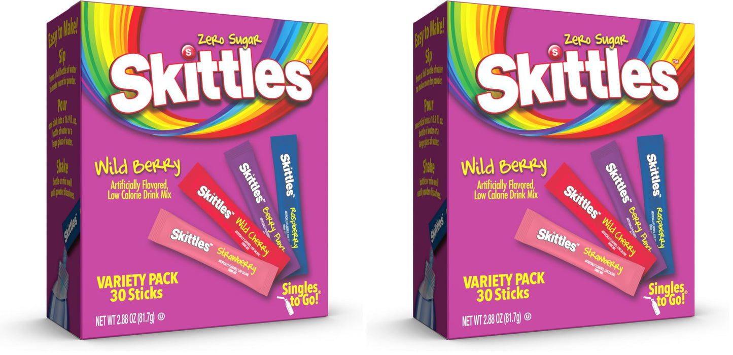 Skittles Singles To Go Wild Berry Variety Pack, Watertok Powdered Drink Mix, Zero Sugar, Low Calorie, Includes 4 Wild Berry Flavors, 1 Box (30 Single Servings) (Pack of 2)