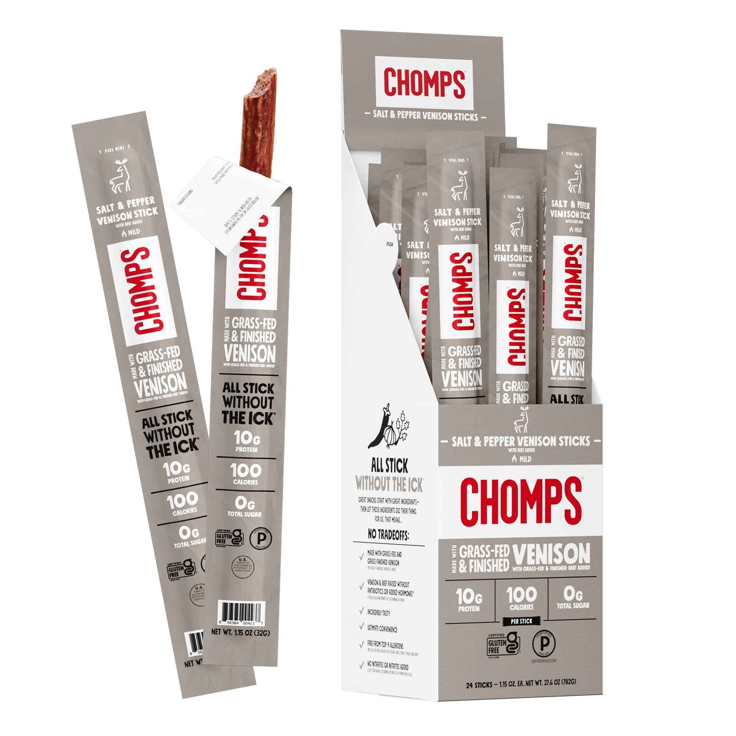 Chomps Grass-Fed & Finished Salt & Pepper Venison Jerky Meat Snack Sticks - Keto, Paleo, Low Carb, Whole30 Approved, 10g Lean Meat Protein, Gluten Free, Zero Sugar Food