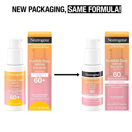 Neutrogena Invisible Daily Defense Broad Spectrum SPF 60, Antioxidants for Skin Glow, Hydrating Face Sunscreen Serum, Water Resistant (80 minutes), Oil-Free, Fragrance Free, Non Comedogenic