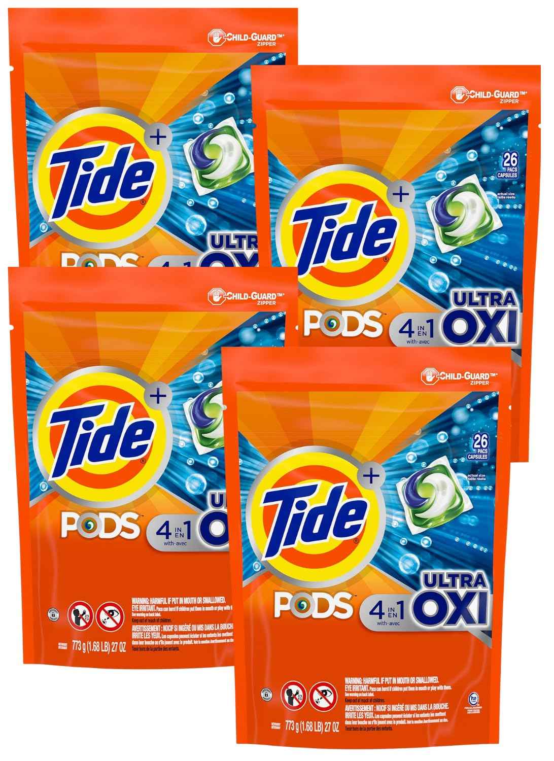 Tide 4-N-1 Ultra Oxi Pods Laundry Detergent Pacs, 32 Count, He Compatible, Built in Pre-Treater for Stains