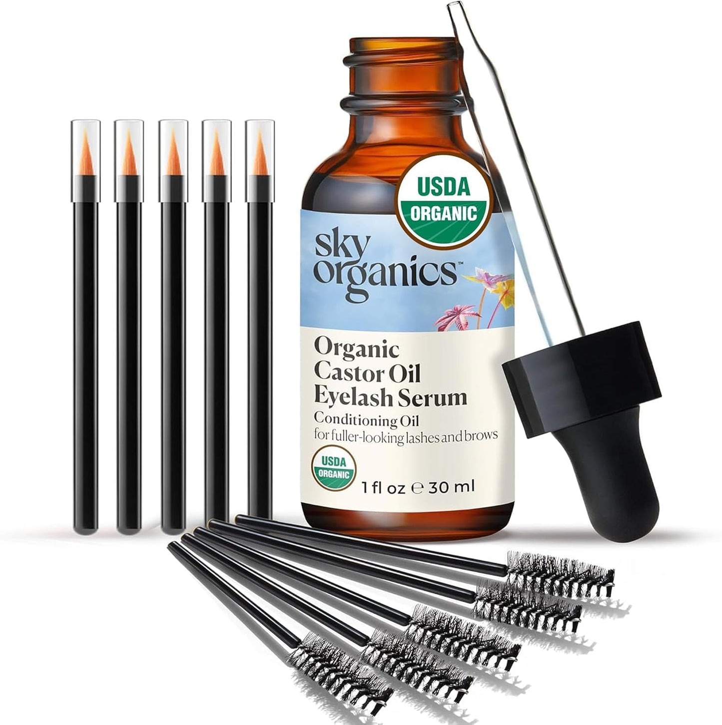 Sky Organics - USDA Organic Castor Oil Eyelash Serum (1 fl oz/30 mL) Brown Glass Bottle for UV Protection - Fuller-Looking Eyebrow & Lash Serum - Conditioning Hair Oil - Vegan, Cruelty Free, Self Care