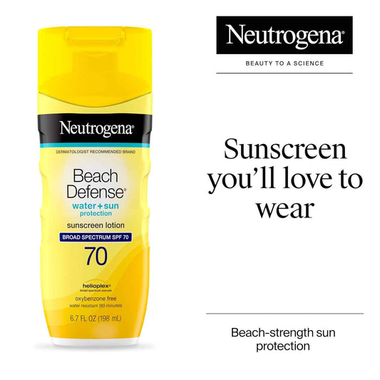 Neutrogena Sunscreen Lotion Beach Defense, Face & Body Sunscreen, Broad Spectrum, Fast Absorbing, 6.7 Fl Oz, Water Resistant 80 Min, Oil-Free, Oxybenzone & Octinoxate Free