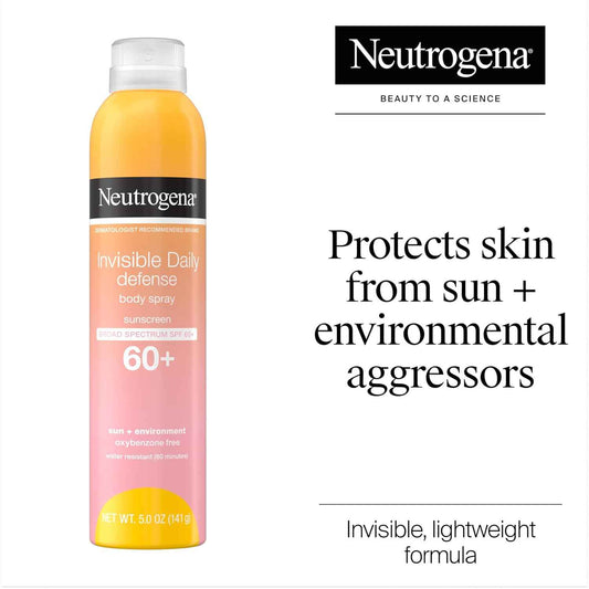 Neutrogena Invisible Daily Defense Body Sunscreen Spray, Broad Spectrum SPF 60+, Oxybenzone-Free & Water-Resistant, Sun & Environmental Aggressor Protection, Antioxidant Complex, 5.0 oz