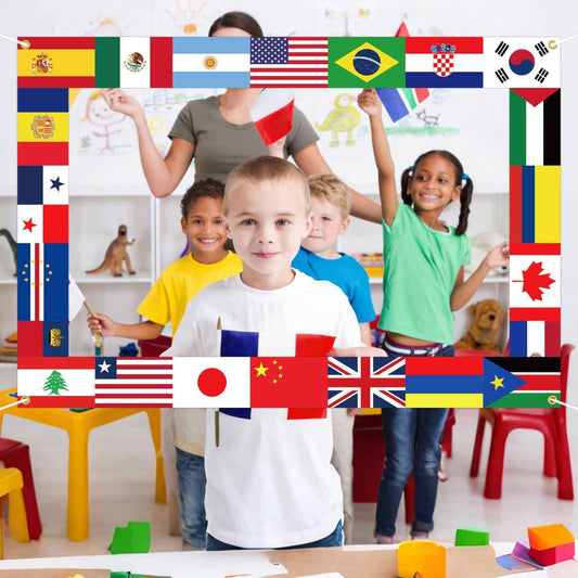 Fabric International Flag Photo Prop World Flags Photo Booth Frame Around The World Background World Cup Party Decorations for Country Sports Events Party Favors Decor 62 x 42.5Inch