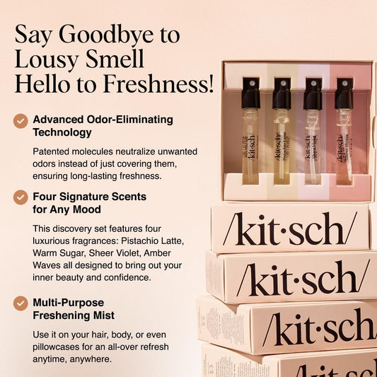 Kitsch_Hair_Perfume_For_Women_(Discovery_Set)_-_Pistachio_Latte,_Warm_Sugar,_Sheer_Violet_&_Amber_Waves_-_Patented_Odor-Eliminating_Technology,_Hair_Spray_and_Body_Mist_-_4_x_1.5mL
