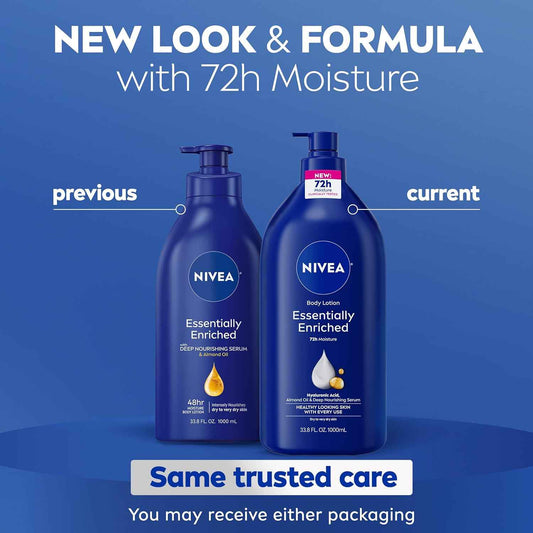 NIVEA Essentially Enriched Body Lotion for Very Dry Skin with Hyaluronic Acid and Almond Oil, 72-Hour Hydration for a Calming Nightly Self-Care Ritual, 33.8 Fl Oz Pump Bottle