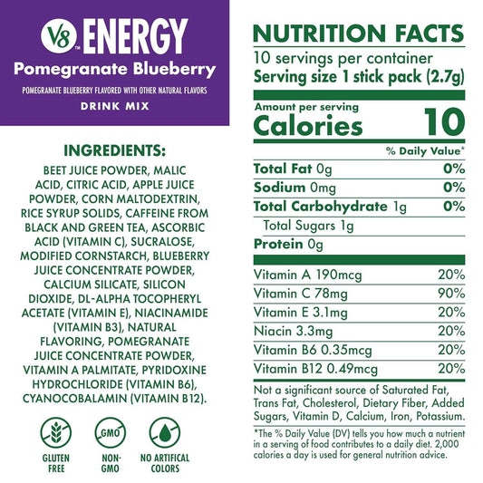 V8 Energy Strawberry Lemonade Energy Drink Powder for Desk and Commute, 10 Calorie Single Serve Sticks