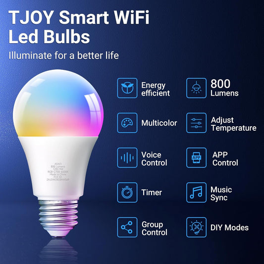 TJOY_4_Pack_Smart_Light_Bulbs,_Bluetooth_WiFi_Led_Bulb_Work_with_Alexa_&Google_Assistant,_RGB_Color_Changing_Alexa_Bulbs,_Music_Sync,_2700K-6500K,_9W(60W_Equivalent),_A19_E26_800LM,_2.4Ghz_WiFi_only